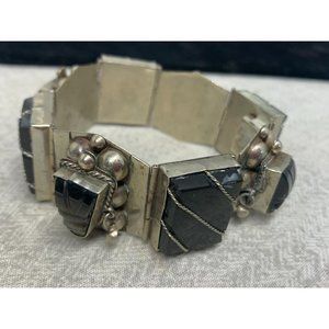 SOLD Taxco Vintage 925 Sterling Silver Obsidian Bracelet Black Onyx